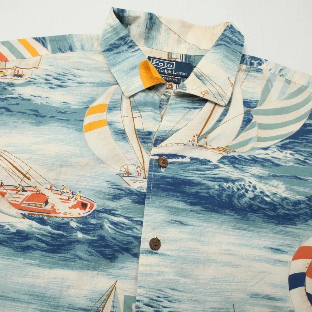 Polo Ralph Lauren Sailboat Shirt Men Large Blue Nautical Print Loop Collar